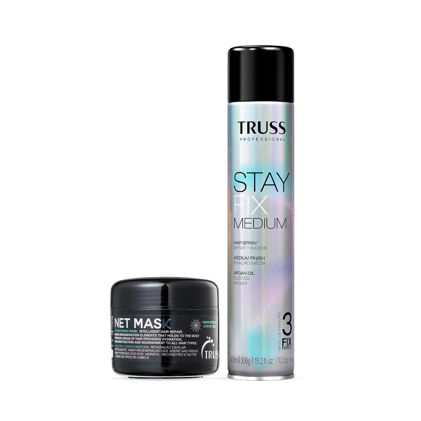 Combo TRUSS: Net Mask Máscara Capilar 30g + Stay Fix Medium Spray Fixador 450ml