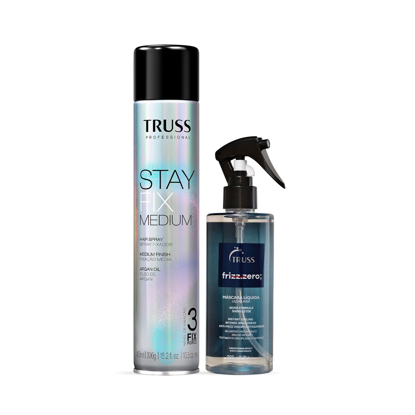 Combo TRUSS Frizz Zero Medium: Máscara Líquida 260ml + Stay Fix Medium Spray Fixador 450ml