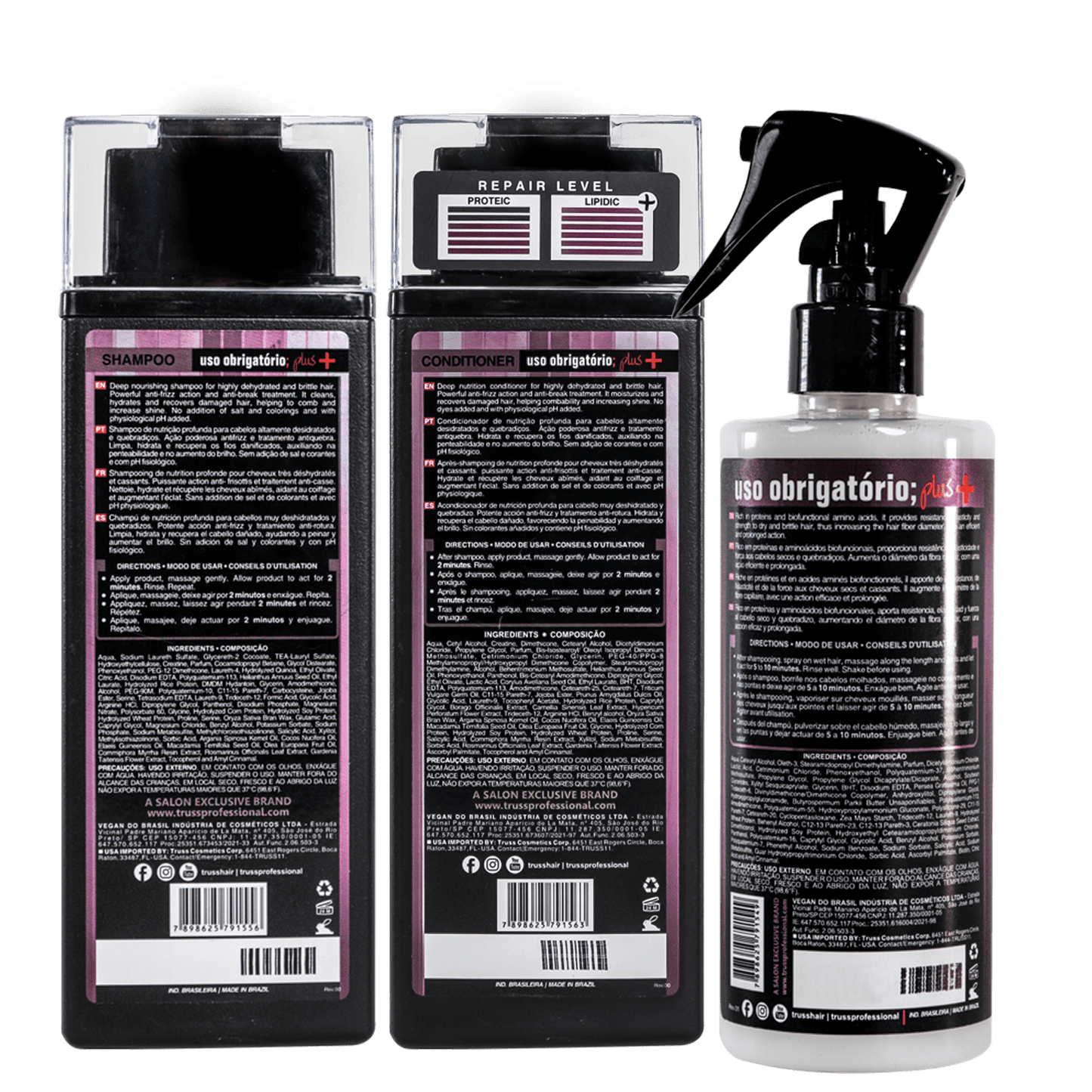 Combo Reconstrutor Uso Obrigatório; Plus+: Shampoo 300ml + Condicionador 300ml + Reconstrutor 260ml