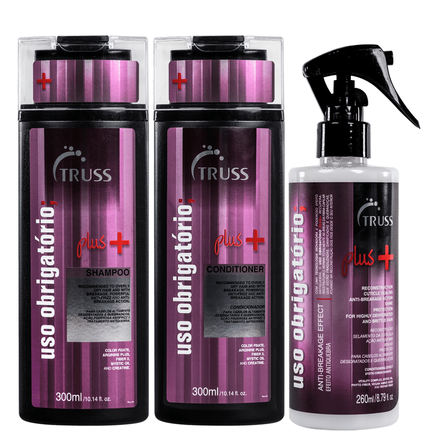 Combo Reconstrutor Uso Obrigatório; Plus+: Shampoo 300ml + Condicionador 300ml + Reconstrutor 260ml