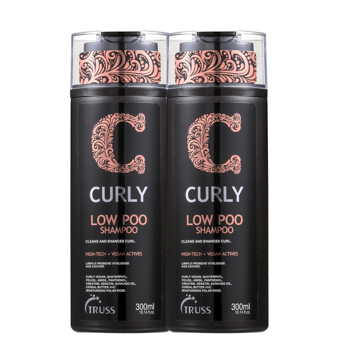 Shampoo e condicionador da linha Curly da marca Truss. Ambos possuem embalagens pretas, com tons de laranja.