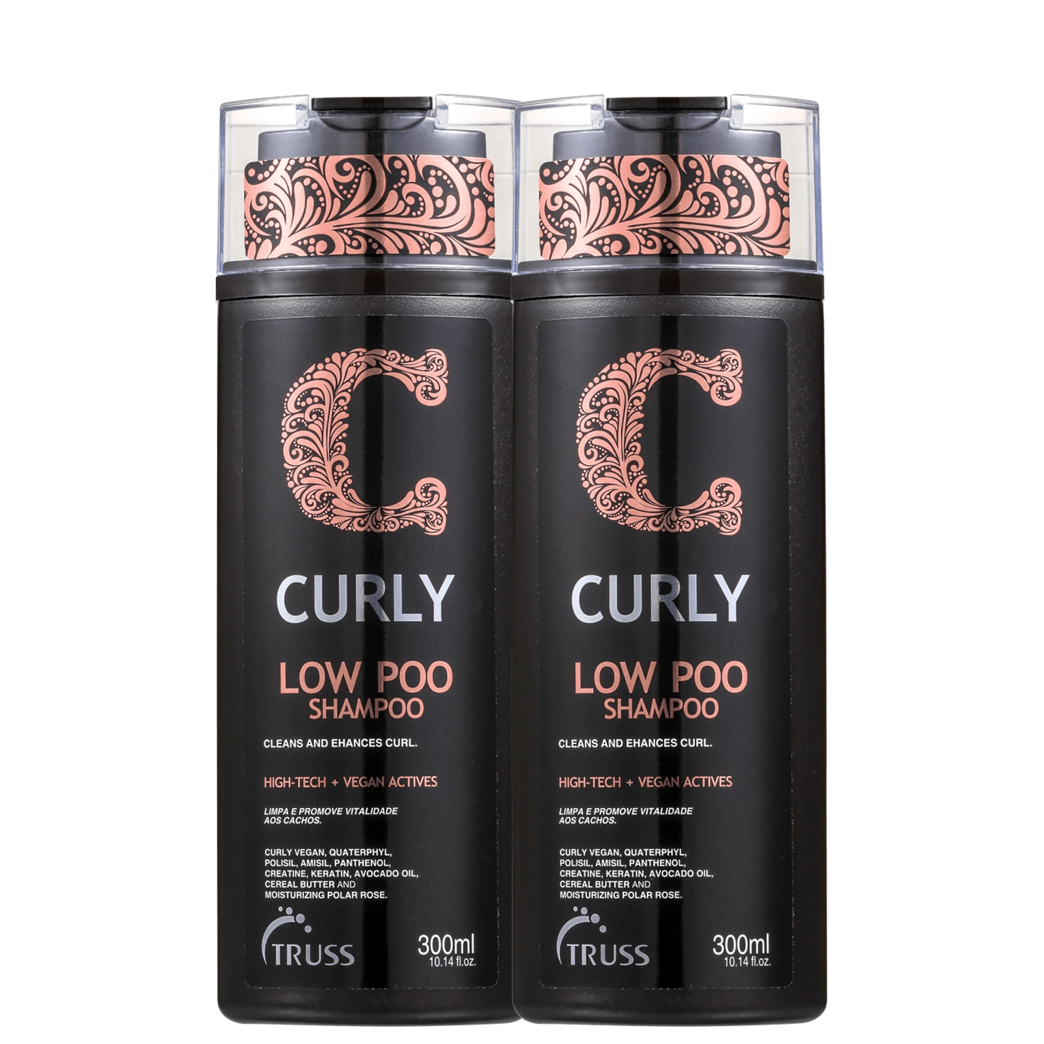 Shampoo e condicionador da linha Curly da marca Truss. Ambos possuem embalagens pretas, com tons de laranja.