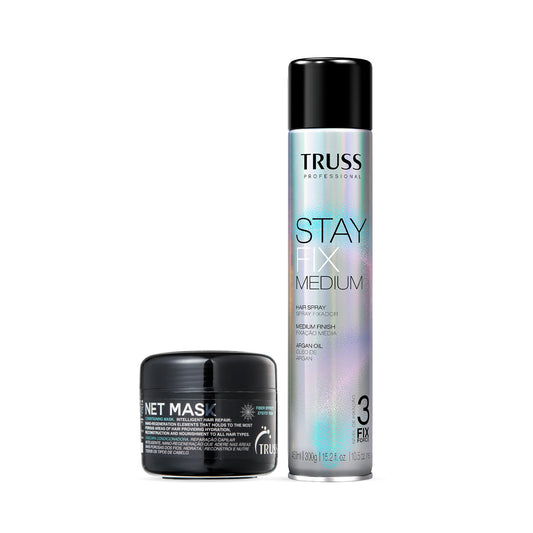 Combo TRUSS: Net Mask Máscara Capilar 30g + Stay Fix Medium Spray Fixador 450ml