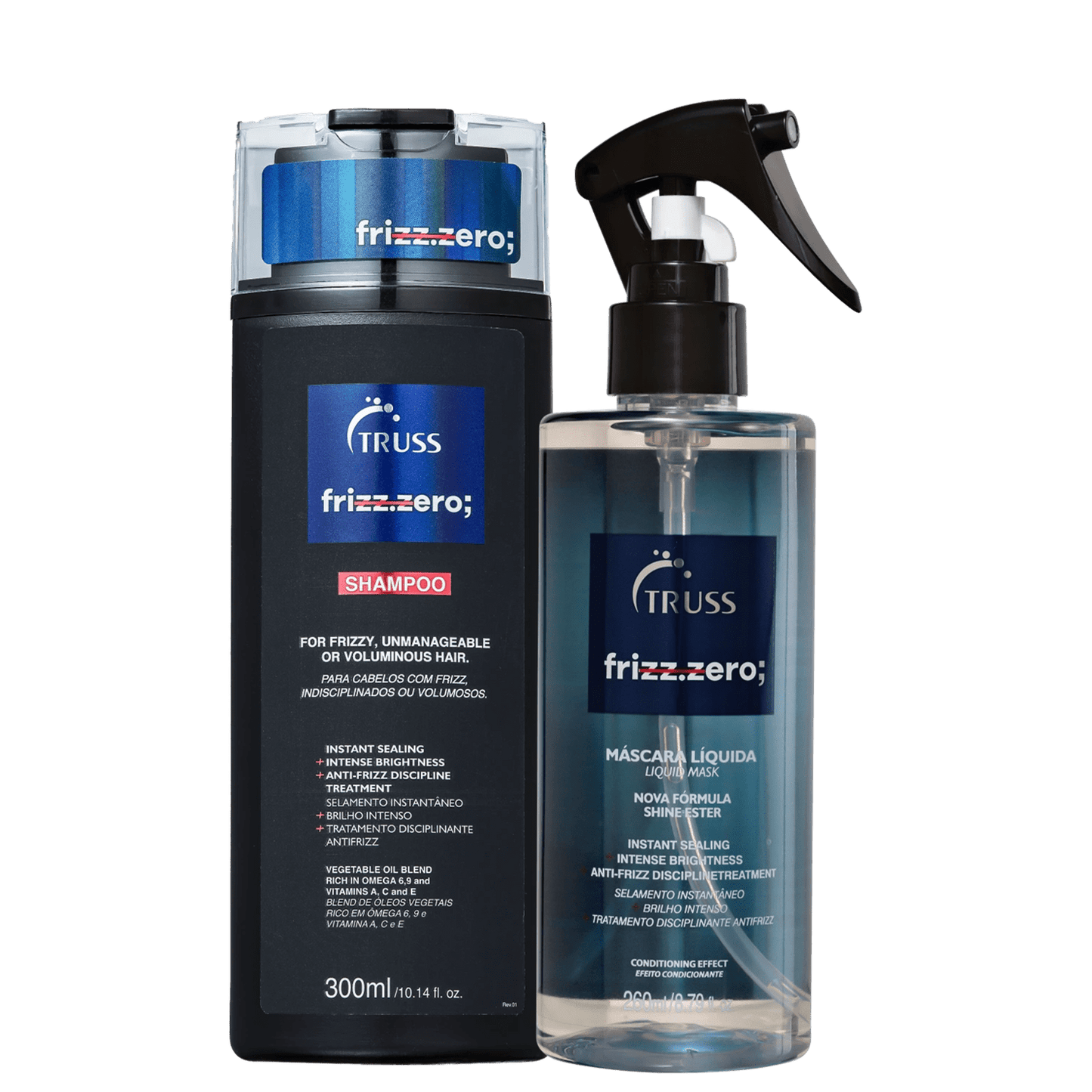 A imagem mostra produtos de cuidados capilares da marca Truss, da linha Frizz.zero, desenvolvidos especificamente para cabelos com frizz, indisciplinados ou volumosos. Os produtos apresentados são um shampoo e uma máscara líquida.