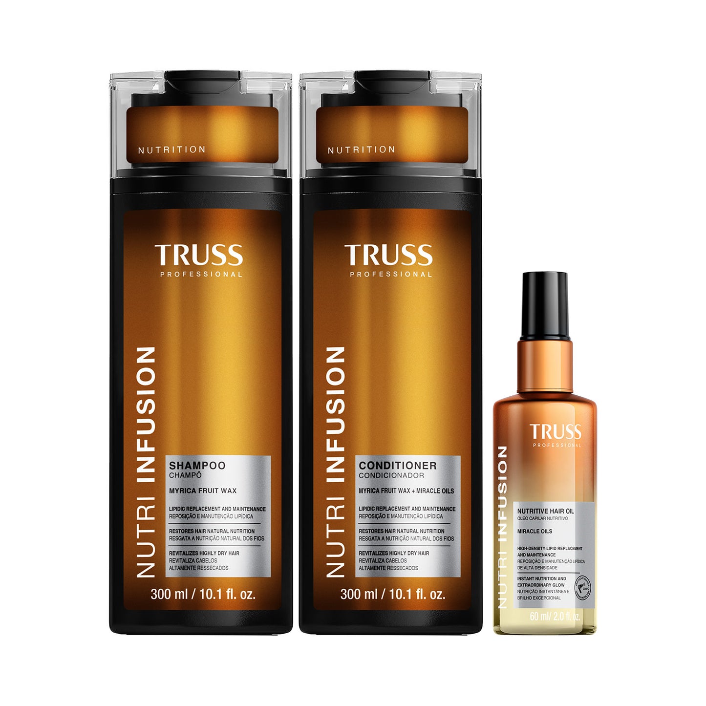 Combo Nutri Infusion: Shampoo 300ml + Condicionador 300ml + Óleo Capilar Nutritivo 60ml